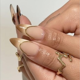 Uñas postizas con relieve de almendra, uñas postizas artificiales de flores en marrón oscuro para mujer, 24 unidades