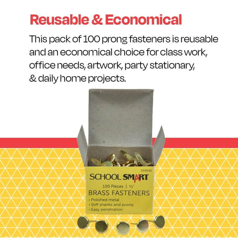 School Smart Prong Fasteners, 1/2 Inches, Size 2, Brass Plated,