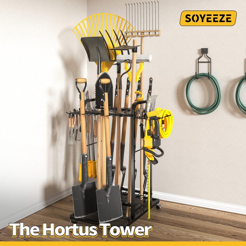 SOYEEZE Garden Tool Organizer with Lockable Wheels, Heavy Duty 3-Tier