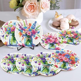 8 Pieces Flowers Diamond Painting Coasters, Diamond Art Coasters Kit, DIY Diamonds Art Kits for Adults Coasters, Round Drills Craft Kits for Beginners