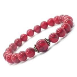 Damenarmband aus rekonstituierten türkisfarbenen, rot gefärbten Perlen und tibetischen Perlen aus antiker Bronze