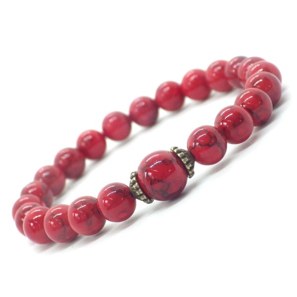 Damenarmband aus rekonstituierten türkisfarbenen, rot gefärbten Perlen und tibetischen Perlen