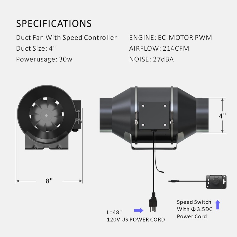 Toolazy Quiet 4" Inline Duct Fan 214 CFM Ventilation Exhaust
