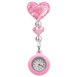 Qinsuee Nurse Watch with Retractable Clip, Nurse Fob Watch with Second Hand, Bling Retractable Nurse Watch, Lightweight & Precise Timekeeping (Pink)