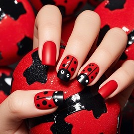 Red Press on Nails Medium Square Fake Nails with Black Polka Dot Ladybug Designs False Nails Full Cover Acrylic Nails Reusable Stick on Nails Glue on Nails for Women Girls 24Pcs