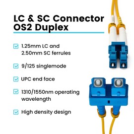 trueCABLE LC to SC OS2 Fiber Patch Cable, 10m (32.80ft), UPC Polish, 200GB Singlemode (SM) Duplex 9/125um, Riser Rated (OFNR), UL Listed, 5 Pack, Yellow