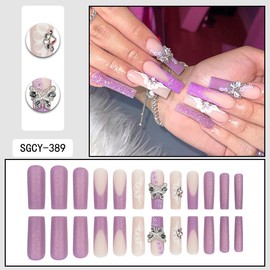 24Pcs Long Press on Nails Flower Square Fake Nails Purple Glitter French Tip Stick on Nails 3D Butterfly Acrylic False Nails Long Glue on Nails Full Cover Reusable Nails for Women and Girls