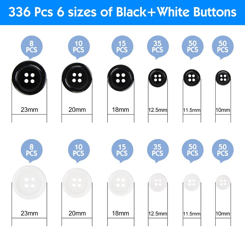 Pack of 336 Buttons, Black and White Buttons, Round Sewing