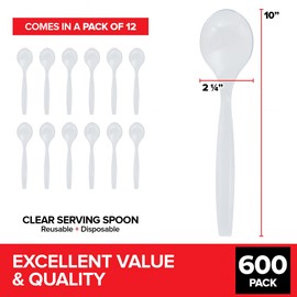 600 Count 10 Inch Disposable Serving Spoons, Clear Plastic Utensils for Catering, Weddings, Holidays, Buffets, Parties, Stock Your Home
