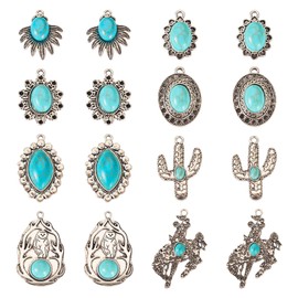 Spritewelry 16Pcs Turquoise Charms Western Charms for Jewelry Making Vintage Tibetan Style Pendants Antique Silver Turquoise Dangles for Bracelet Necklace Earring Making DIY Crafts