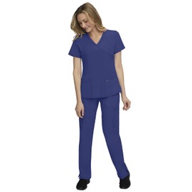 STAT MEDICAL WEAR Women Scrub Top with Mock Wrap Neck Line and 5 Pocket Drawstring Scrub Pant - 110200, XS, Navy