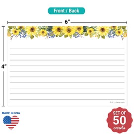 321Done Sunflower Index Cards - Made in USA - Large 4x6 (Set of 50), College-Ruled Lined Notecards Double-Sided, Thick Heavy Duty Cardstock, Cute Pretty Sun Flowers Floral on White Ruled Lines