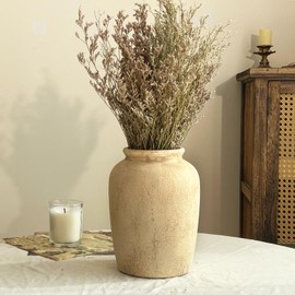 TDIAVH 7.95 Inch Beige Ceramic Vase, Rustic Farmhouse Flower Vase for Home Decor, Ceramic Rustic Vases for Living Room & Kitchen, Handmade Pottery Flower Vases for Shelf & Table Decoration