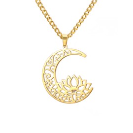 kkjoy Lotus in the Moon Necklace Stainless Steel Lotus Flower Yoga Pendant Necklace Inspirational Jewellery for Women Charming Ladies, Stainless Steel, No Gemstone