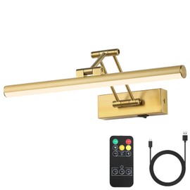 Joossnwell Wireless Picture Light Battery Operated with Remote LED Art Lights for Paintings Rechargeable Dimmable and Timer 15.5 Inch Brass Picture Lights for Wall Gallery Light Library Light