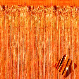4 Pack 3.2Ft x 8.2Ft Orange Foil Fringe Curtain Backdrop, Metallic Tinsel Foil Fringe Streamers Curtains Background for Photo Booth, Birthday, Wedding, Disco, Bachelorette, Christmas Party Decoration