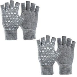 iDopick 2 Pairs Winter Warm Fingerless, Thermal Knit Soft Fleece Lined Glove Elastic Cuff Glove for Women Men Texting Gloves,Grey
