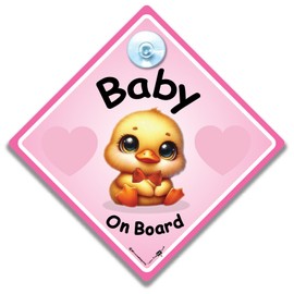 Baby on Board Car Sign with Cute Duck Design, 14 x 14 cm, Pink, Includes Suction Cup