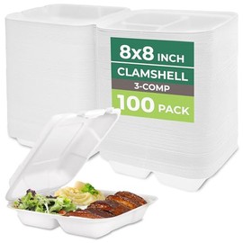 Freshware Clamshell Food Containers with Lids [8x8"] 3-Compartment 100-Pack, Disposable To Go Containers, Biodegradable Sugarcane To Go Boxes - Paper Container - Microwave & Freezer Safe, Stackable