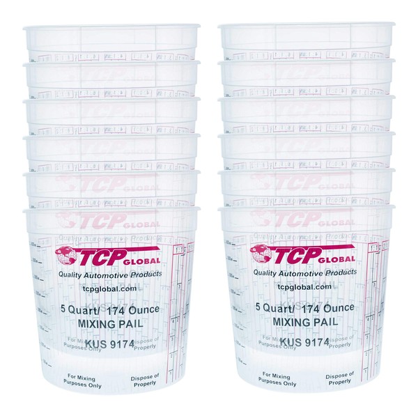 Custom Shop /TCP Global (Pack of 12 - Mix Cups/Buckets - 5 Quart) - (174 Ounce Volume Paint and Epoxy Mixing Cups) - Mix Cups are Calibrated Multiple Mixing Ratios (1-1) (2-1) (3-1) (4-1) (8-1) Epoxy Resin