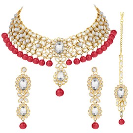 Aheli Indian Faux Kundan Beaded Necklace Earrings Maang Tikka Bollywood Ethnic Traditional Jewelry Set Gift for Women Red