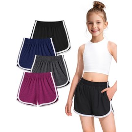 BOOPH 4 Packs Girls Shorts Quick Dry Kids Athletic Soccer Running Shorts with Pockets 7-8Y D-Gray Mauve Navy Black