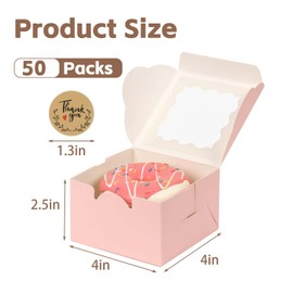 OUGEBOX 50 Pcs 4x4x2.5 Inch Bakery Boxes with Window, Pink Cookie Boxes for Gift Giving, Treat Box for Desserts, Macarons, Donuts, Pastries