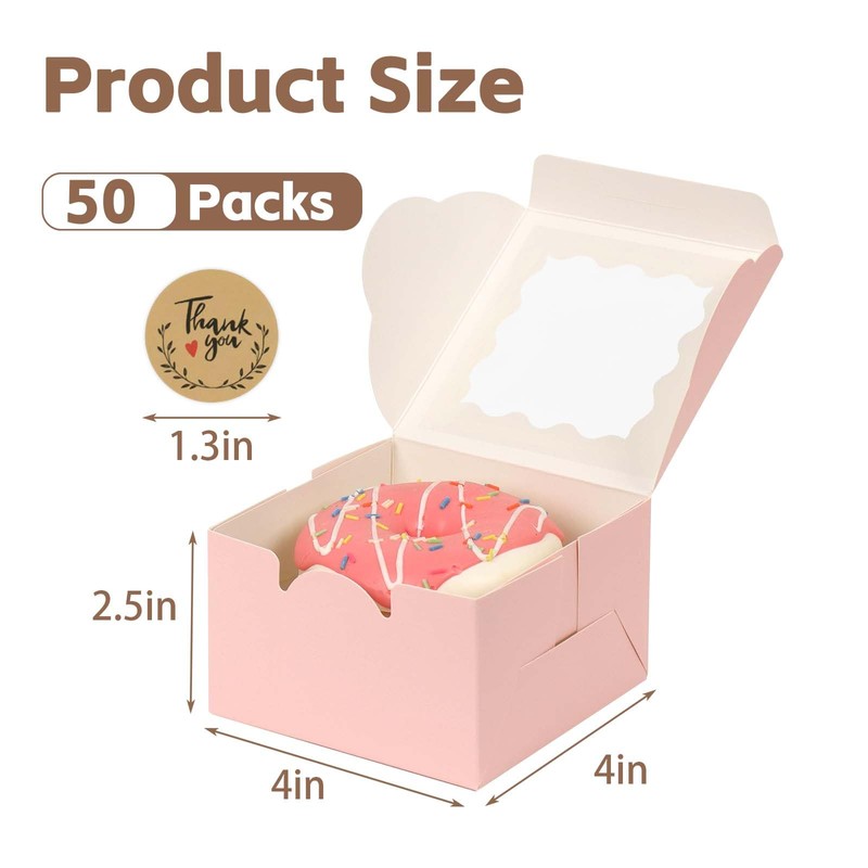 OUGEBOX 50 Pcs 4x4x2.5 Inch Bakery Boxes with Window, Pink