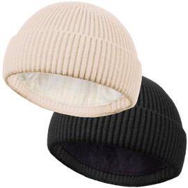 ROYBENS 2PCS Wool Short Fisherman Beanie for Men Women, Cuff Knit & Fleece Lined Swag Winter Warm Hat Soft Beanies Skull Cap Unisex