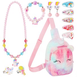 VGMANNTA Unicorn Gifts for Girls 16PCS Girls Jewellery with Unicorn Girls Bag Kids Jewellery Sets for Girls Unicorn Bag Princess Dress Up Party Favors Girls Gifts Little Girl Gifts-Colorful