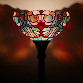 WERFACTORY Tiffany Floor Lamp Blue Pink Stained Glass Light 12X12X71 Inches Pole Torchiere Standing Corner Torch Uplight Decor Bedroom Living Room Home Office S830B Series