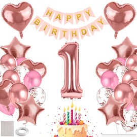 MIEWAA 1 Year Birthday Decoration Balloons Set Birthday Decoration Baby First with 1st Happy Birthday Banner Latex Balloons Confetti Balloons Foil Balloons Party Decoration for Girls Children Rose