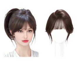 Borderless Design Lace Human Hair Toppers for Women Clips in False Bangs Fluffy Fringe Hairpiece For Cover Thinning Grey Hair (7 * 9 Brown Air Bangs)