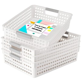 Cptoion Turn in Trays Classroom,4 Pack Paper Trays for Classroom,Plastic Storage Baskets with Handles,Colorful Classroom Organization and Storage Paper Tray Holds for Drawers, Office, Home(White)