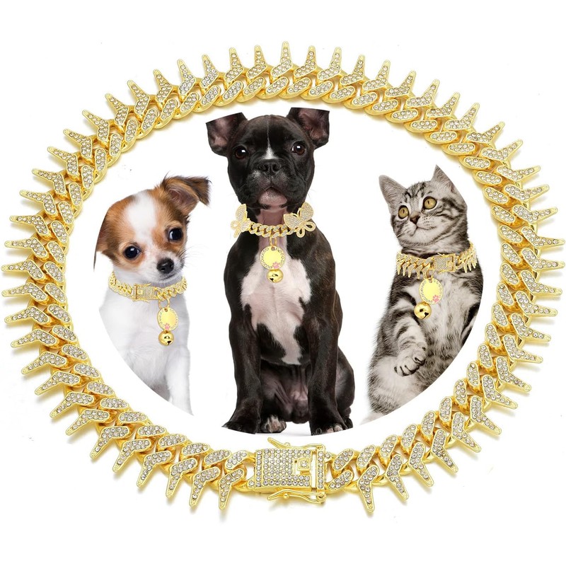 Pimaodog Dog Chain Collar, Side Spiked Style Necklace Bling Diamond