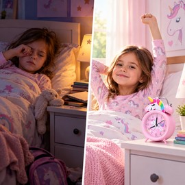 Pink Unicorn Kids Alarm Clock – Cute Double Bell Bedside Clock with Backlight for Children’s Bedroom, Desk and Study Area