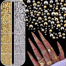 ONPRESS 1Box/12Girds 3D Mixed Sizes Nail Charms Gold Silver Mini Metal Caviar Nail Art Charms Gold Silver Round Balls Nail Gem Jewelry Steel Pearl Gemstone Beads Nails Art DIY Crafts Nails Supplies