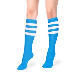 Violet Mist - Calcetines altos de 3 rayas para mujer y niña, color neón, casual, atlético, tubo largo, lindo, medias altas hasta la rodilla, Azul/claro, Talla única