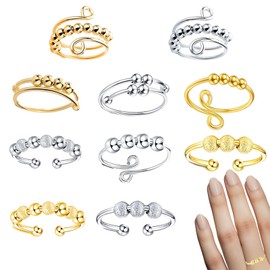 IJHYGD Pack of 10 Nxiety Ring Anti-Stress Ring, Anti-Stress Ring, Adjustable Women's Rings, Adjustable Anxiety Ring with Pearls, Open Spinner Ring for Girls Women (Gold and Silver), Stainless Steel,