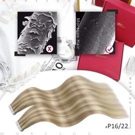 Moresoo Human Hair Tape in Extensions Blonde Hair Extensions Tape in Real Hair Honey Blonde with Medium Blonde Highlight Tape in Hair Extensions Remy Hair 16 Inch 20 Pieces/50g #16/22