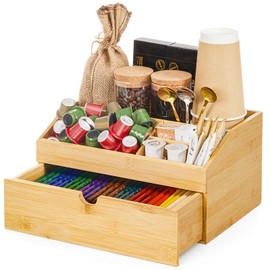 Cozivolife Coffee Bar Organizer Countertop with Drawer, Cafe Station Storage for Bar Accessories,Bamboo Espresso Bar Decor Holder for Bar Decor,Bamboo