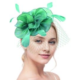 db11 Women's Fascinator Hat & Feather Hair Clip for Tea Party and Weddings, Flower Feather Headband & Veil (UK, Numeric, 1, Green)