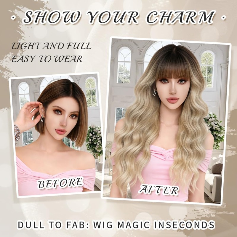 Potoki Ombre Blonde Synthetic Wig with Bangs Long Wavy Wig