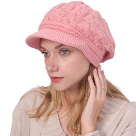 Warm Winter Hat Fleece Hat Visor Winter Hat Women's Warm Lined Winter Hat Knitted Peaked Cap Baseball Cap with Soft Thick Fleece Lining, pink