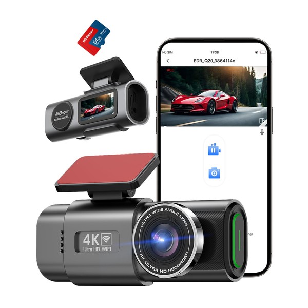 4K Dash Cam Front and Rear, Mini WiFi Dashcam for Car with Super Night Vision, 64G SD Card, 170°Wide Angle, G-Sensor, 1.47" IPS Screen, APP Control, Voice Prompts, Parking Mode, WDR, Support 256GB Max