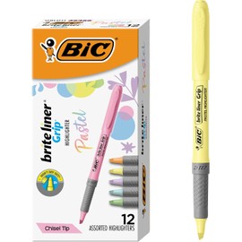 BIC Brite Liner Grip Subrayadores pastel, varios colores de tinta, punta biselada, caja de 12 subrayadores pastel surtidos