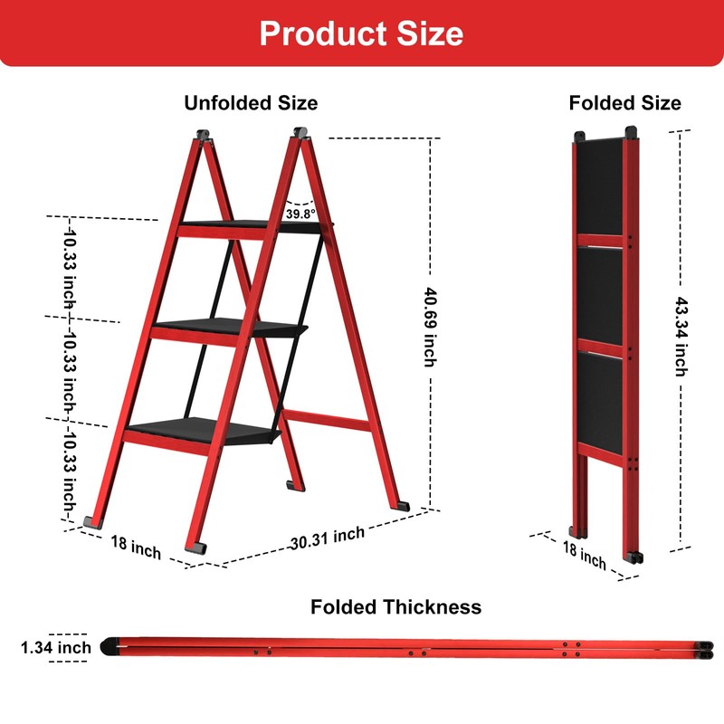 Ainai Step Ladder,Aluminum Ultra Thin Folding Step Stool,400 Lbs Capacity