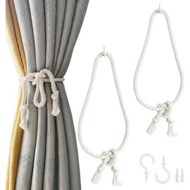 Adjustable Curtain Tiebacks Rope 2 Pack  35 Inch Extra Long Tie Backs Wall Mounted with Screw Hooks for Indoor Outdoor Drapery Rustic Cotton Holdbacks Cream White - Color: Jute Color, Number of Items: 4