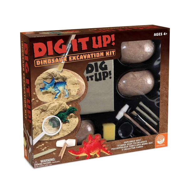 MindWare Dig It Up! Dinosaur Excavation Kit – Discovery Gift kit for Kids – Learn About Dinosaurs! – 3 Large Dino Digs with Explorer Vest, 5 Realistic Tools, Clean-up mat & Educational Fun-fact Cards