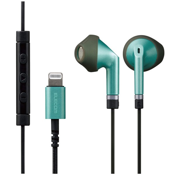 Elecom EHP-LFS10IMGR Stereo Earphones, Semi-Open Lightning Earphones, with Microphone, Fast Music LFS10I, φ0.5 inches (13.6 mm), Heavy Duty Cable, Green, 4.7 ft (1.2 m)